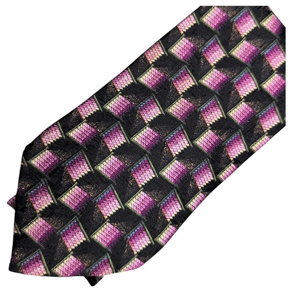 Ermenegildo Zegna Tie Mens Silk Black Pink Geometric Pattern Made Italy 59 3.75
